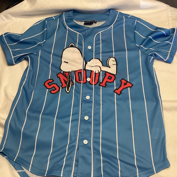 Peanuts Other - Peanuts Snoopy Baseball Jersey Blue Pinstripe Button Up Short Sleeve Small 50